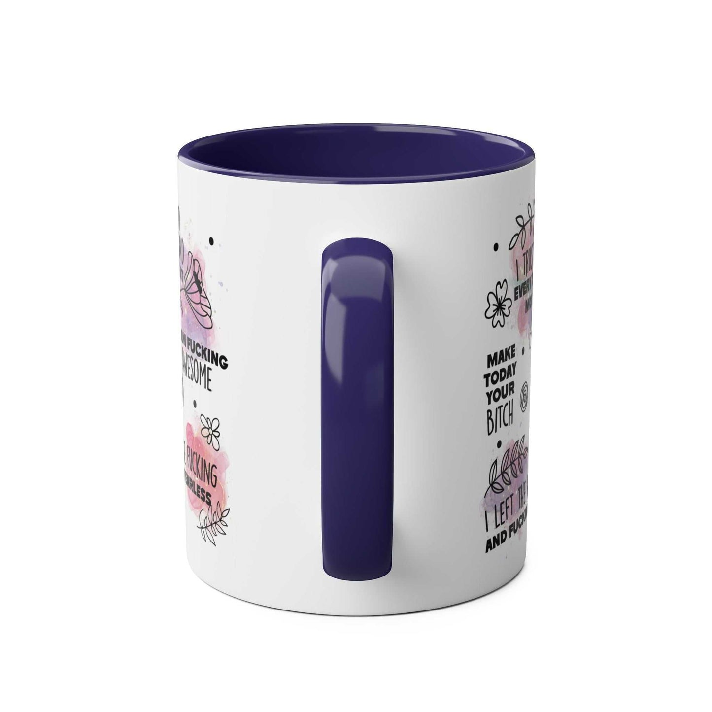 Sweary Quotes Coffee Mug with cheeky sayings, glossy finish, and blue handle.