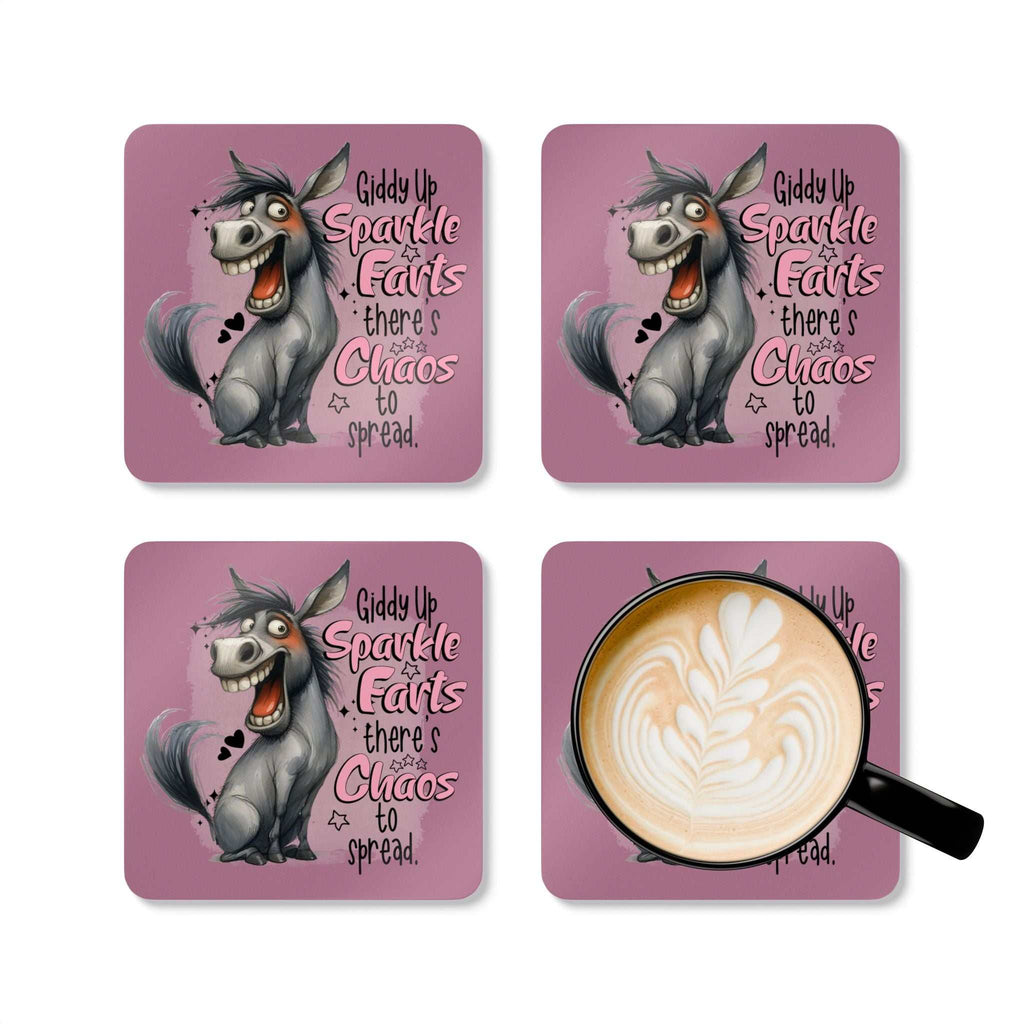 Giddy Up Sparkle Farts Coaster Set with cheeky donkey design, high-gloss MDF, cork back, non-slip, water-repellent, 4-piece set.