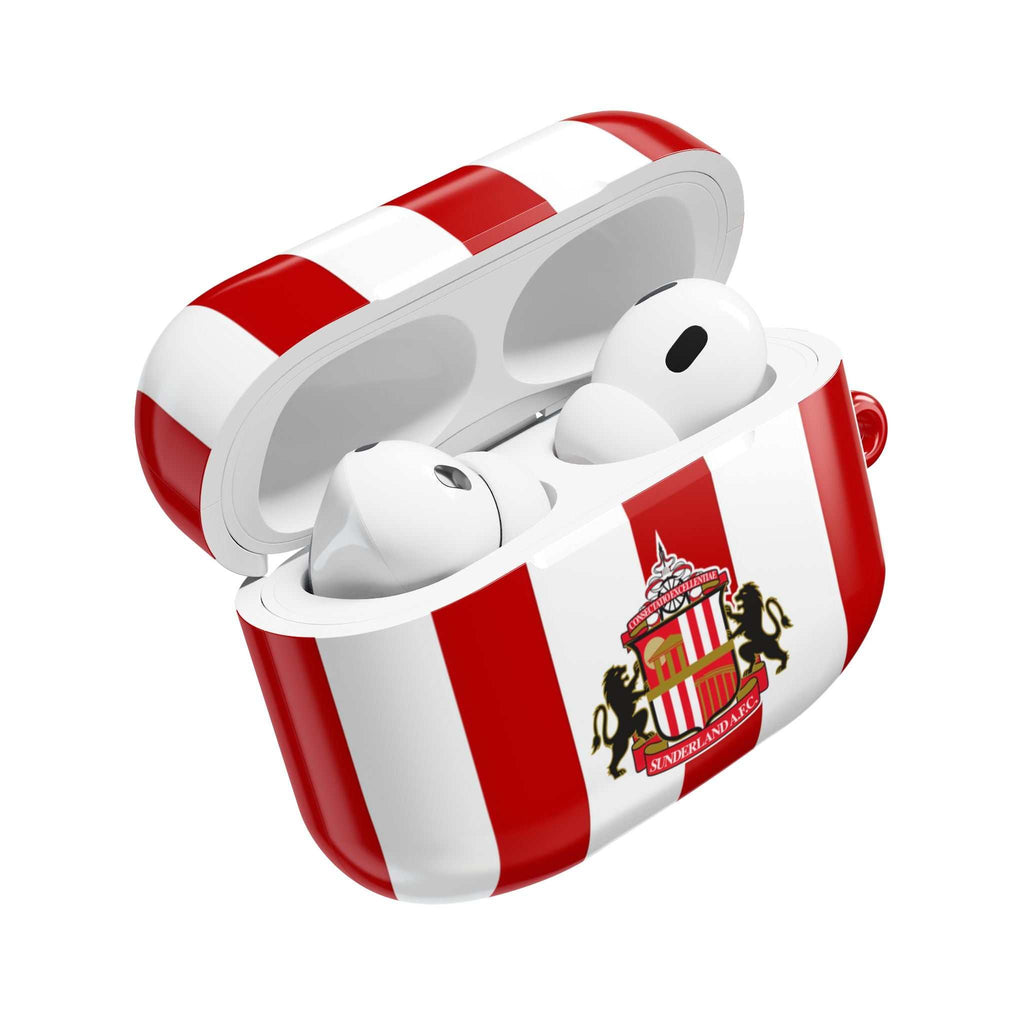 Sunderland FC AirPods protective case with red and white stripes and club crest, durable and wireless charging compatible