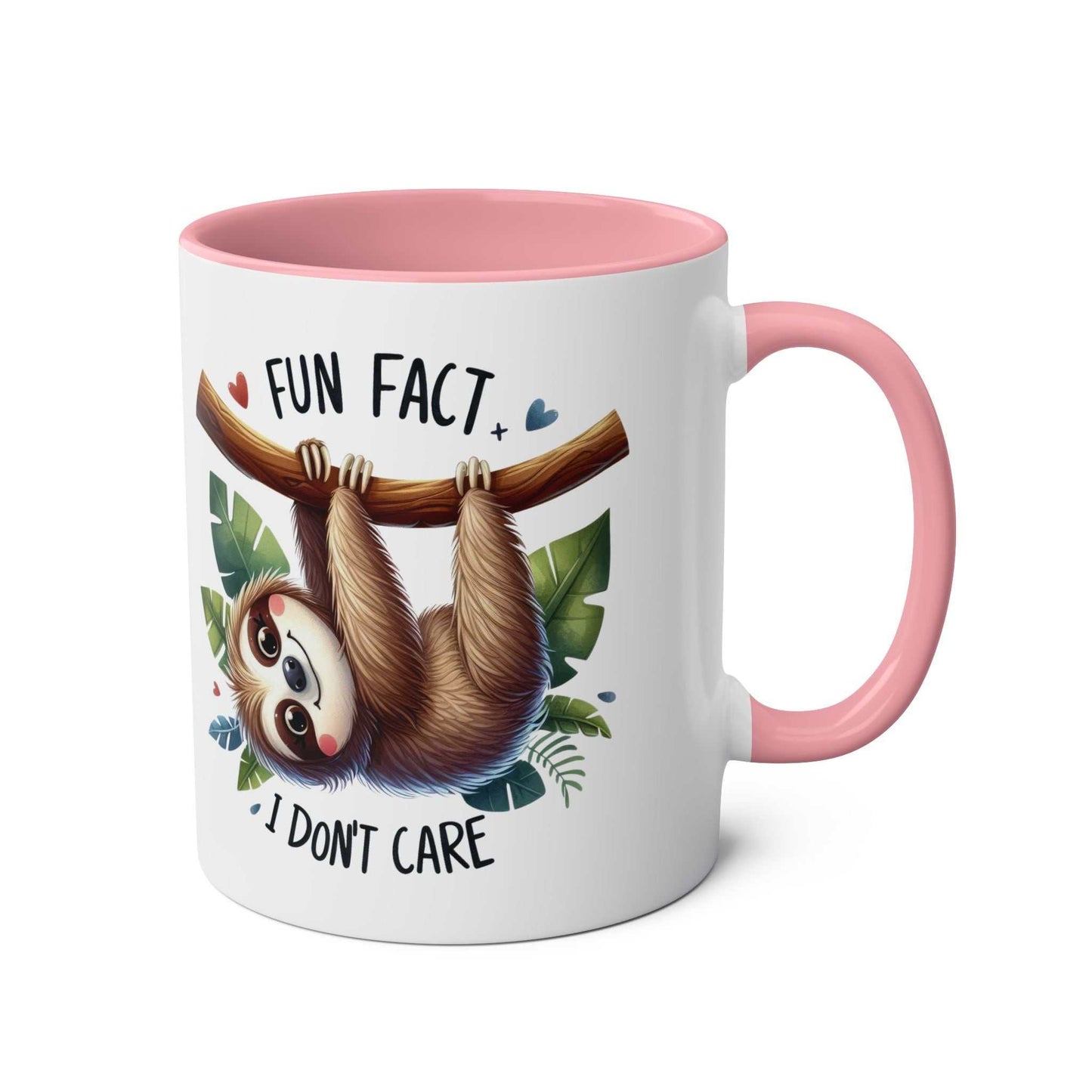 Cute sloth coffee mug with whimsical design and pink handle.