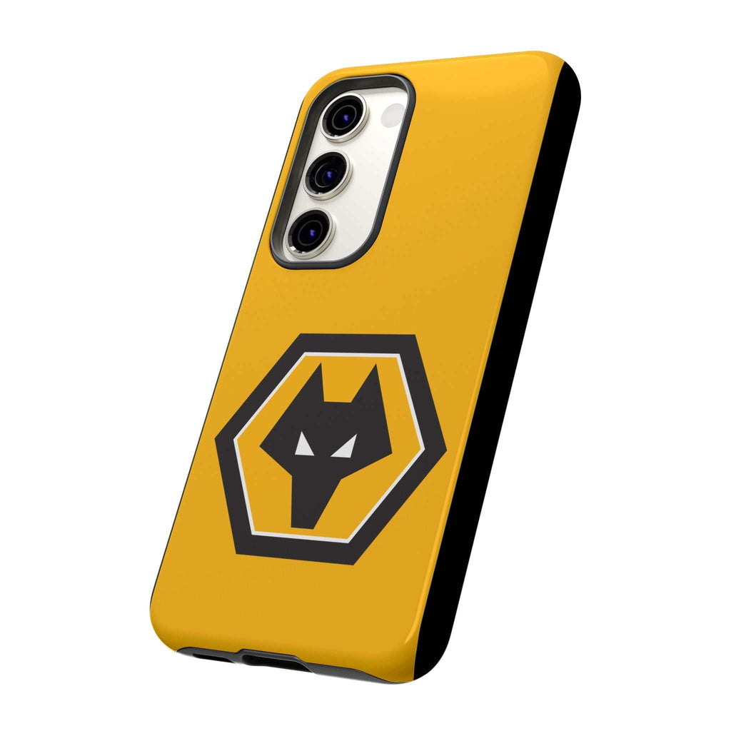 Wolves FC Magnetic Samsung Case in gold and black with official-inspired crest, dual-layer protection, and wireless charging compatible