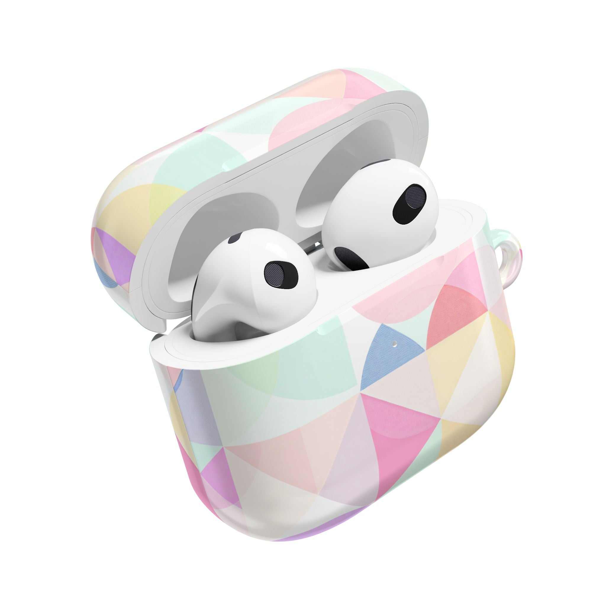 Pastel geometric print hard shell protective case for AirPods and AirPods Pro with vibrant colors and glossy finish