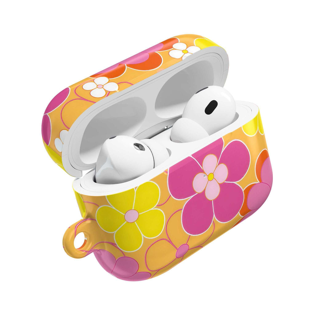 Retro floral AirPods protective case with vibrant pink and yellow flowers, glossy hard shell, lightweight and durable design for AirPods and AirPods Pro.