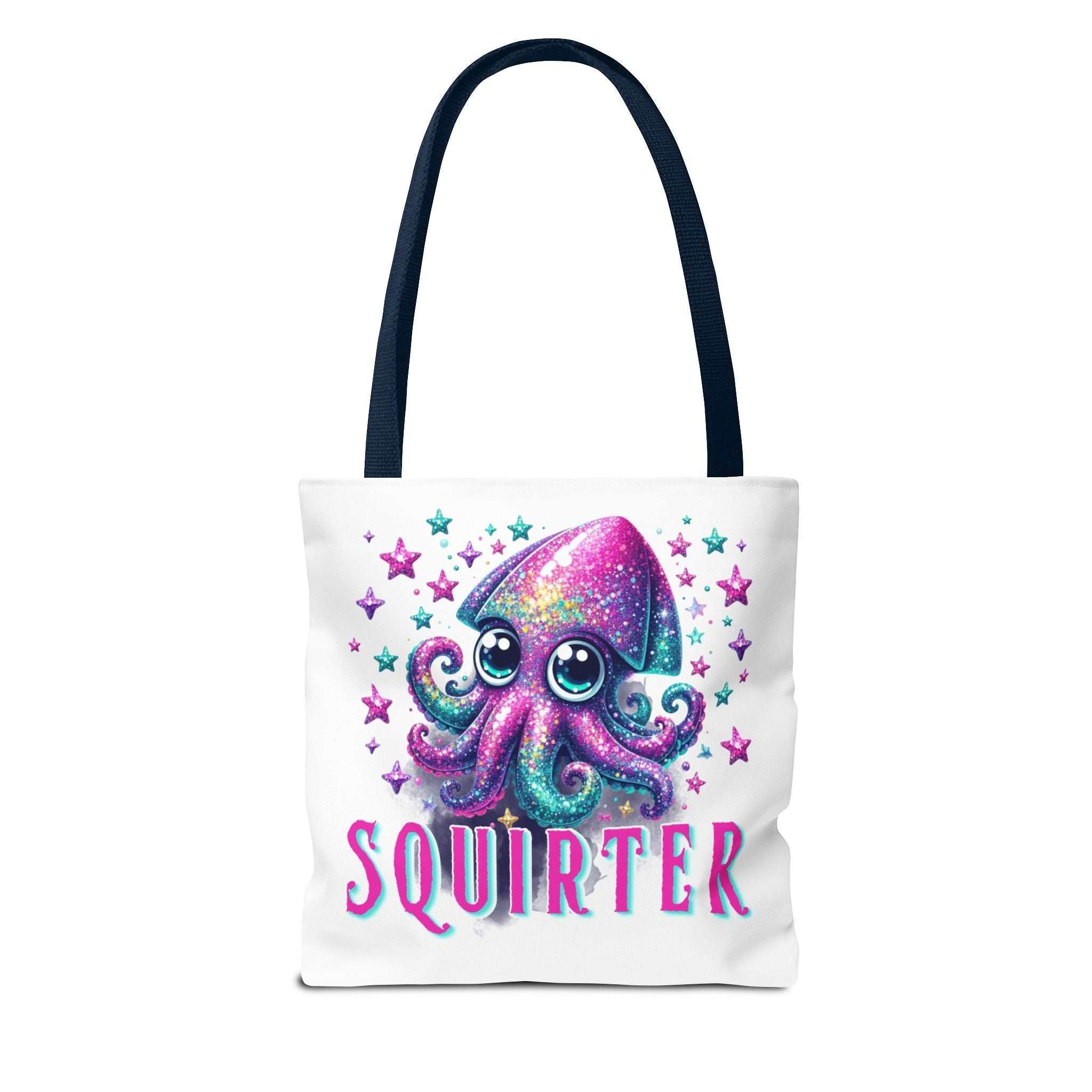 Cheeky Squirter Squid Tote Bag in durable spun polyester with multiple sizes and handle colors