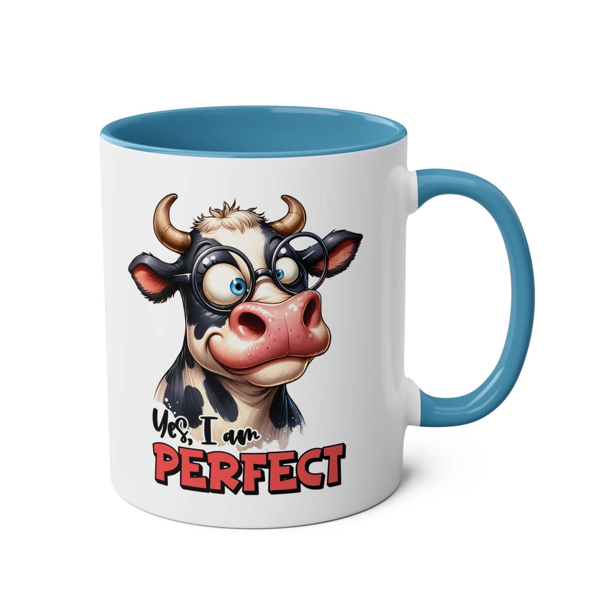 I Am Perfect Coffee Mug with cow design, fun and quirky, 11oz ceramic, glossy finish.