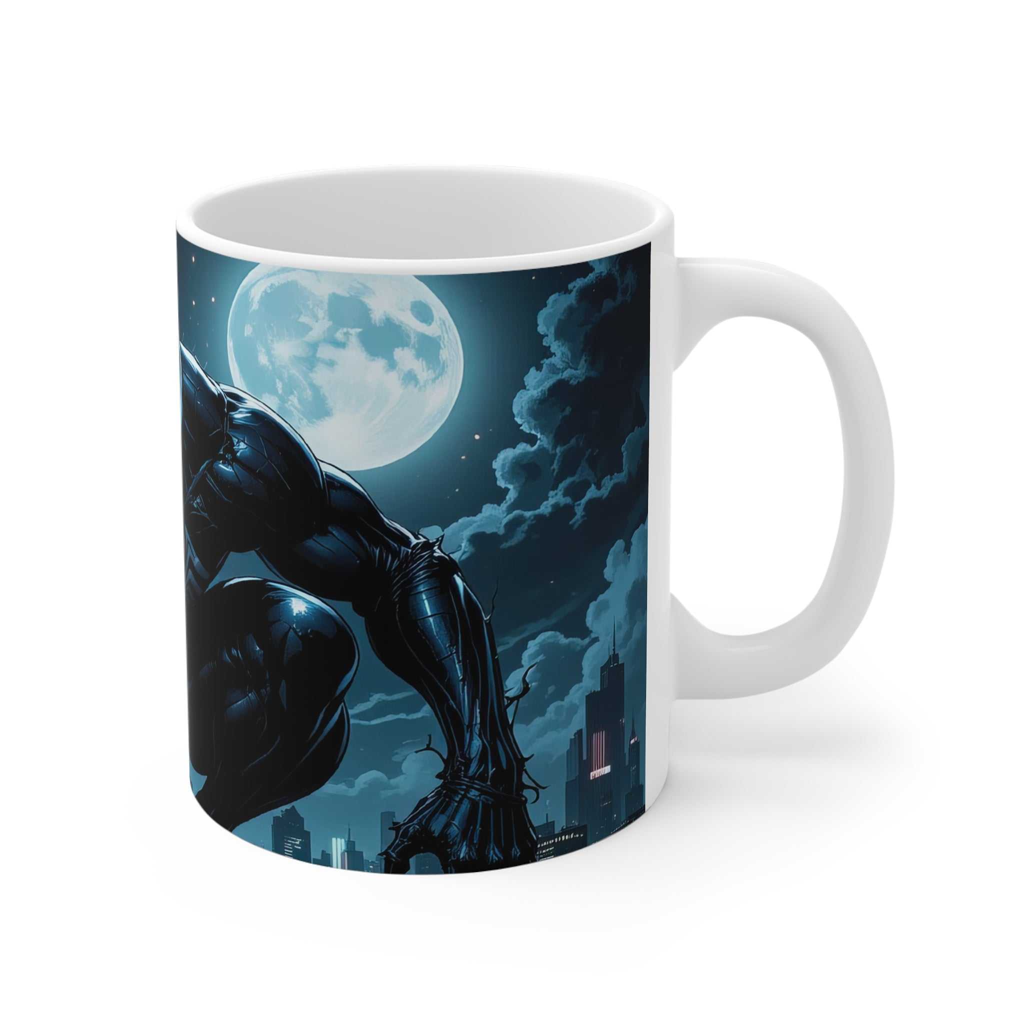 White ceramic coffee mug featuring a glossy Venom-inspired superhero design with a full moon and cityscape background, 11oz, microwave and dishwasher safe.