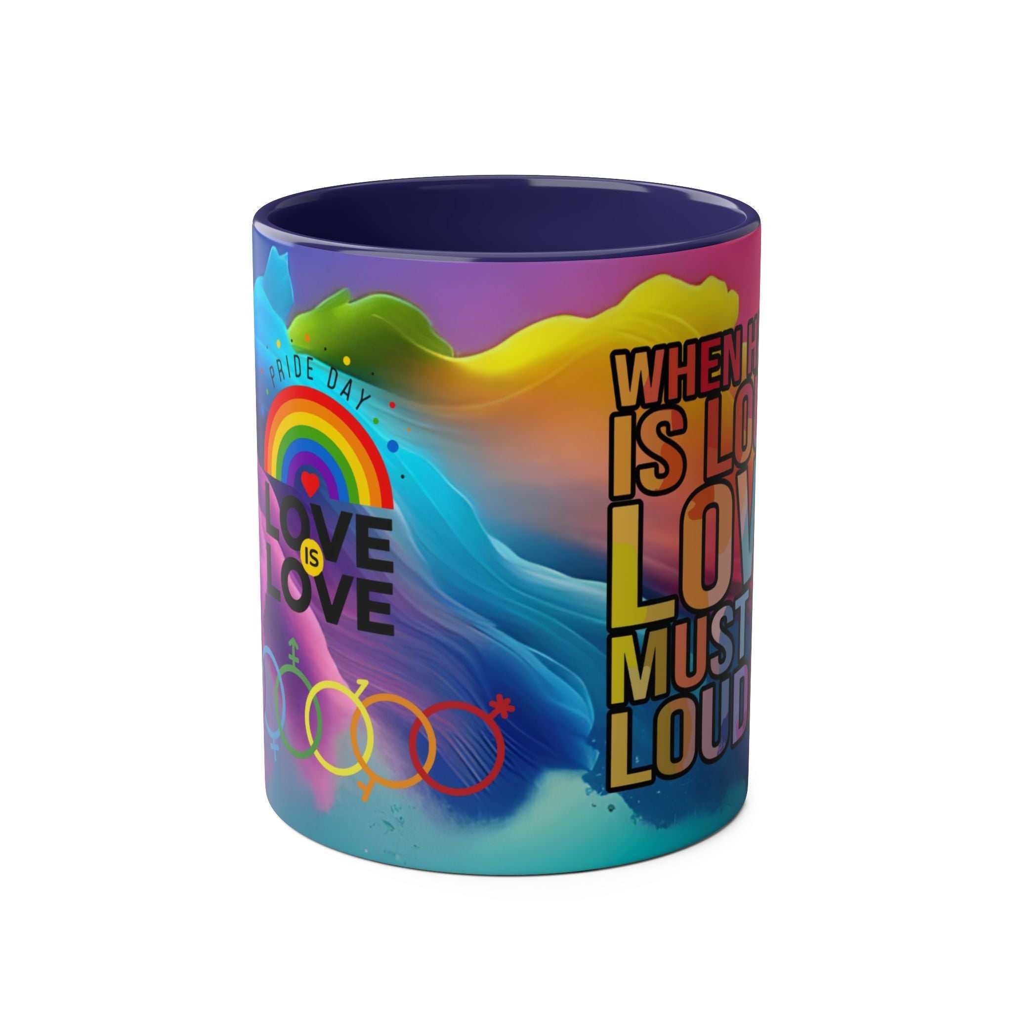 LGBTQ+ Pride Mug with vibrant rainbow design and equality message.