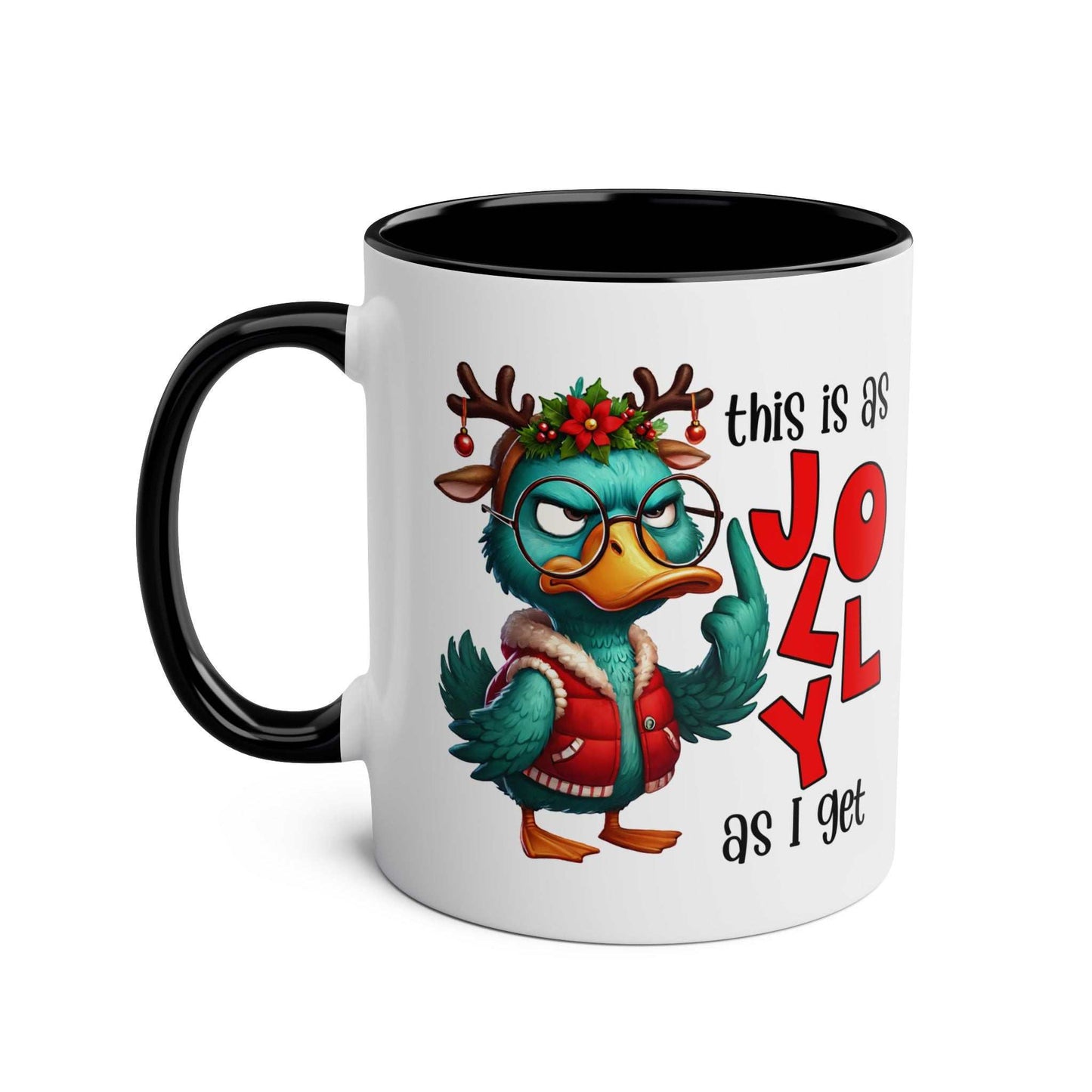 Sarky Christmas Mug with duck design in 7 colors, 11oz ceramic, microwave and dishwasher safe.