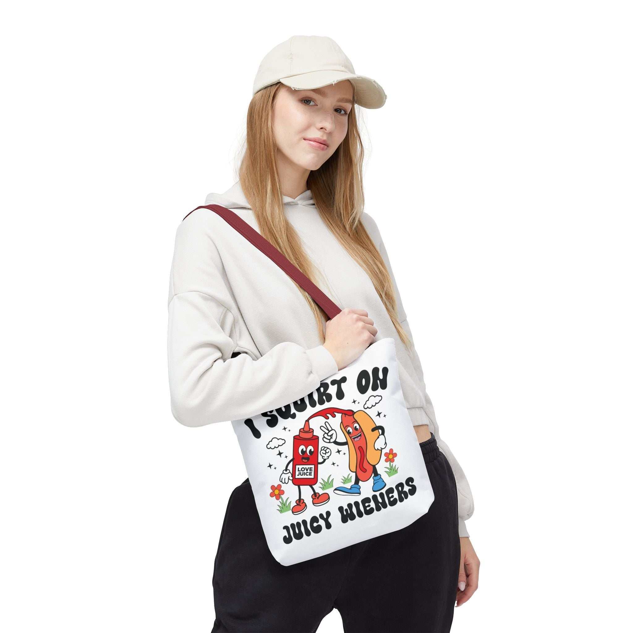 Cheeky Juicy Wieners Fun Tote Bag with colorful handles, durable spun polyester, available in three sizes