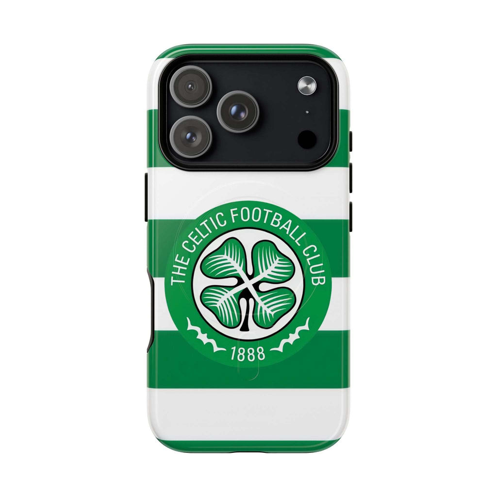 Celtic MagSafe iPhone case with green and white stripes and club crest, dual-layer protective design with wireless charging support