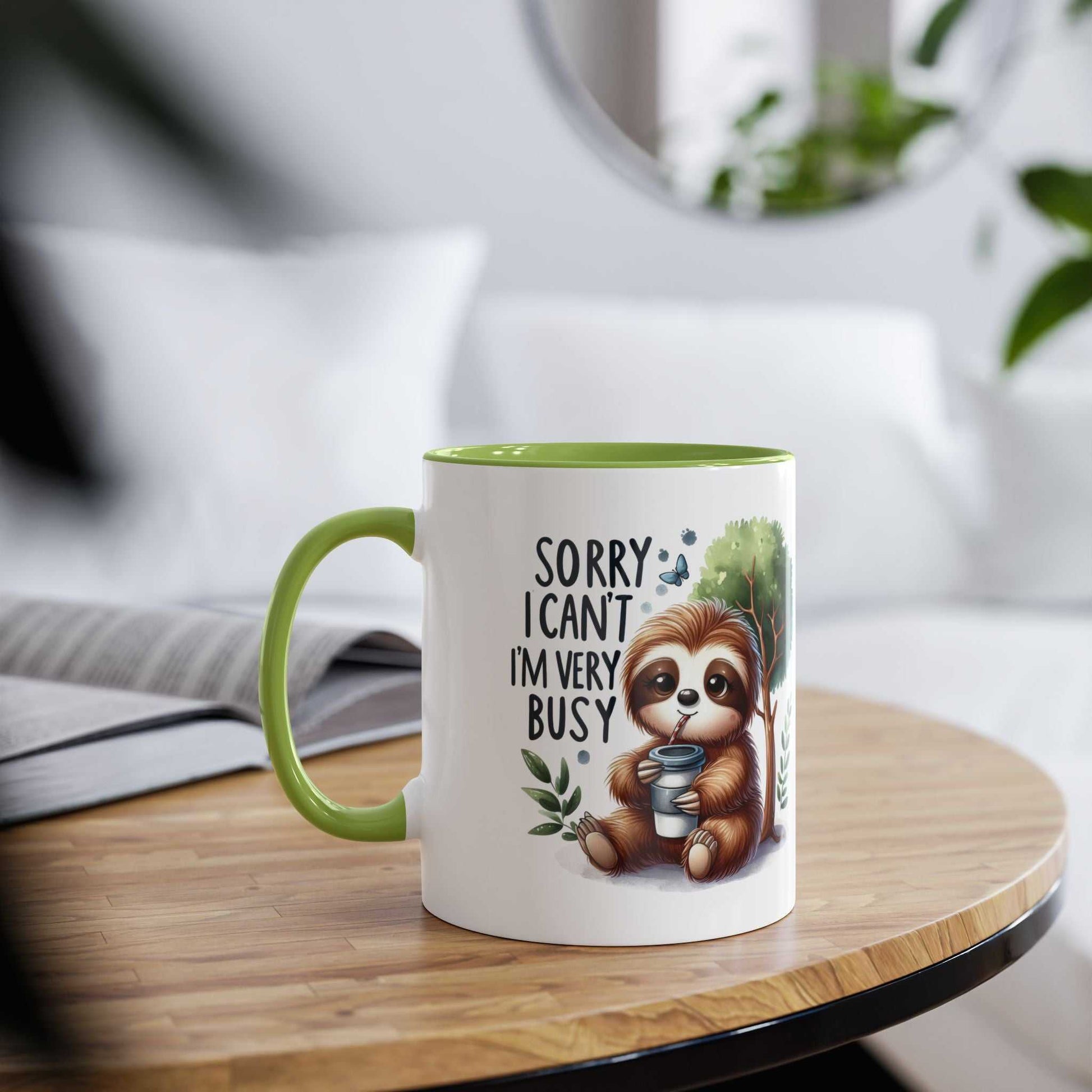 Cute sloth coffee mug with whimsical design on a wooden table.