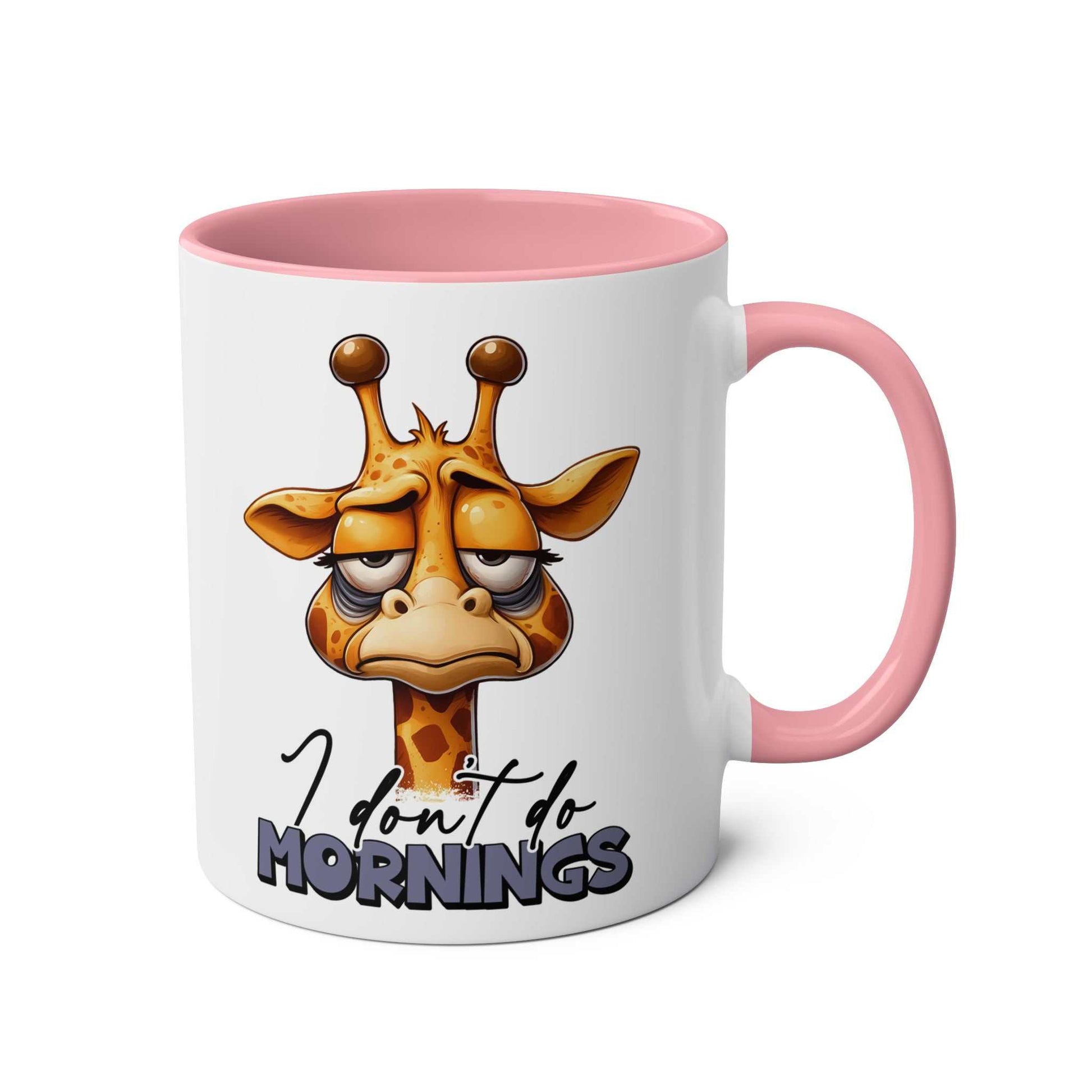 Don't Do Mornings Coffee Mug with giraffe design, glossy finish.