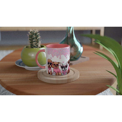 Cute puppy Valentines Day mug with vibrant print and pink handle displayed on a wooden table.
