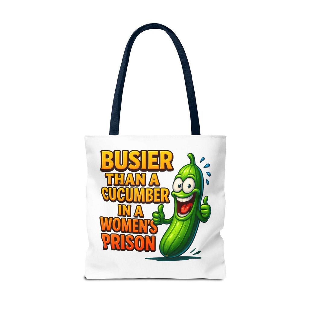 Cheeky Busier Than a Cucumber tote bag with fun design and colorful handles