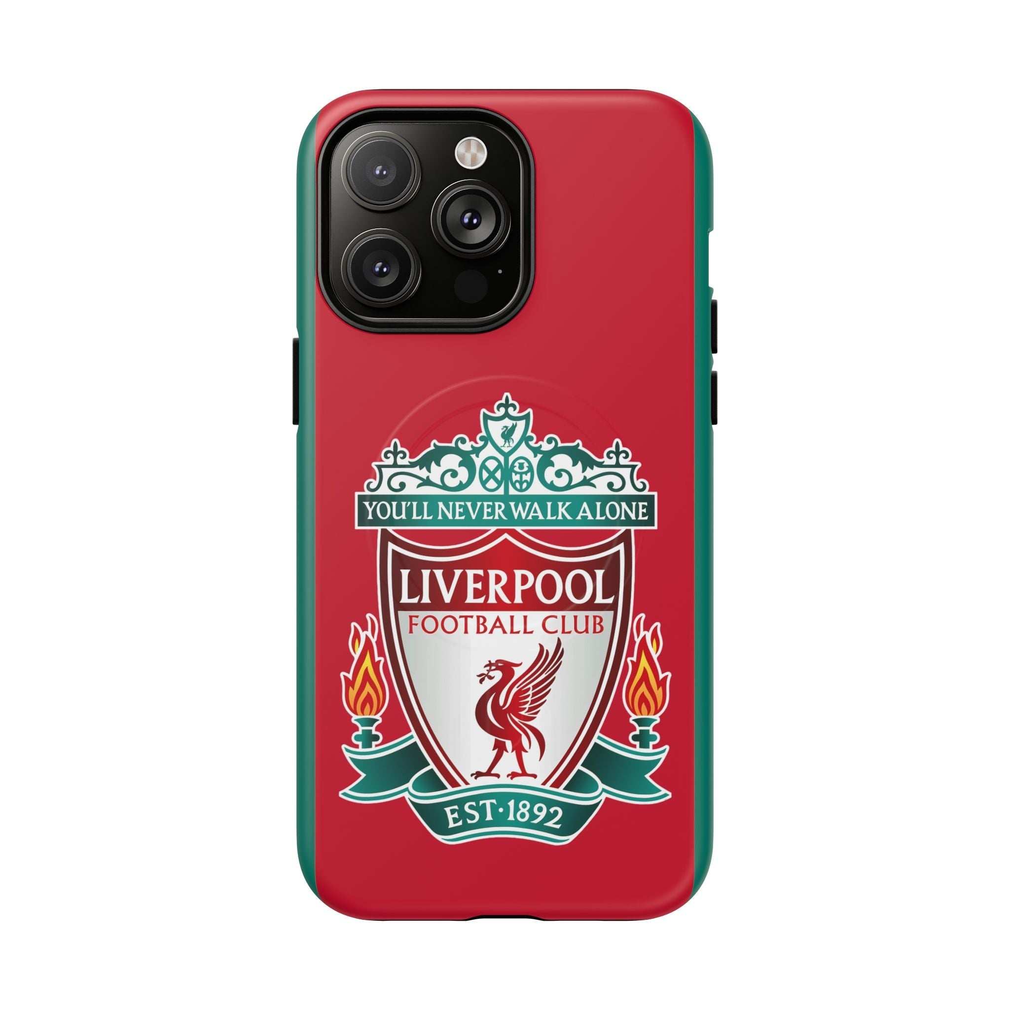 Liverpool FC MagSafe iPhone case with red color and club crest, dual-layer protection, and MagSafe compatibility.