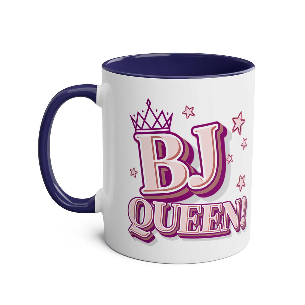 Colorful BJ Queen Coffee Mug with bold, cheeky design, perfect for confident personalities and gifts