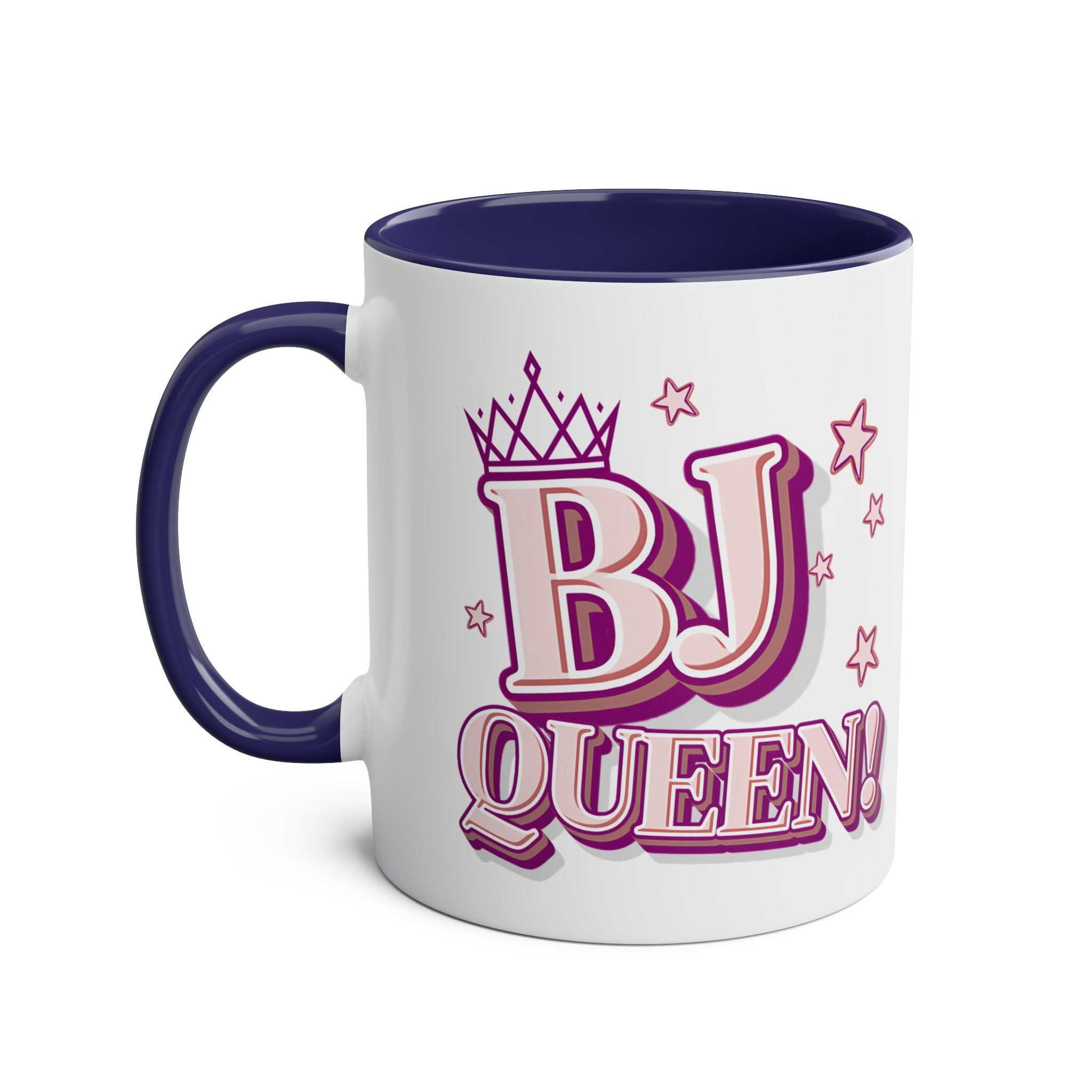 Colorful BJ Queen Coffee Mug with bold, cheeky design, perfect for confident personalities and gifts