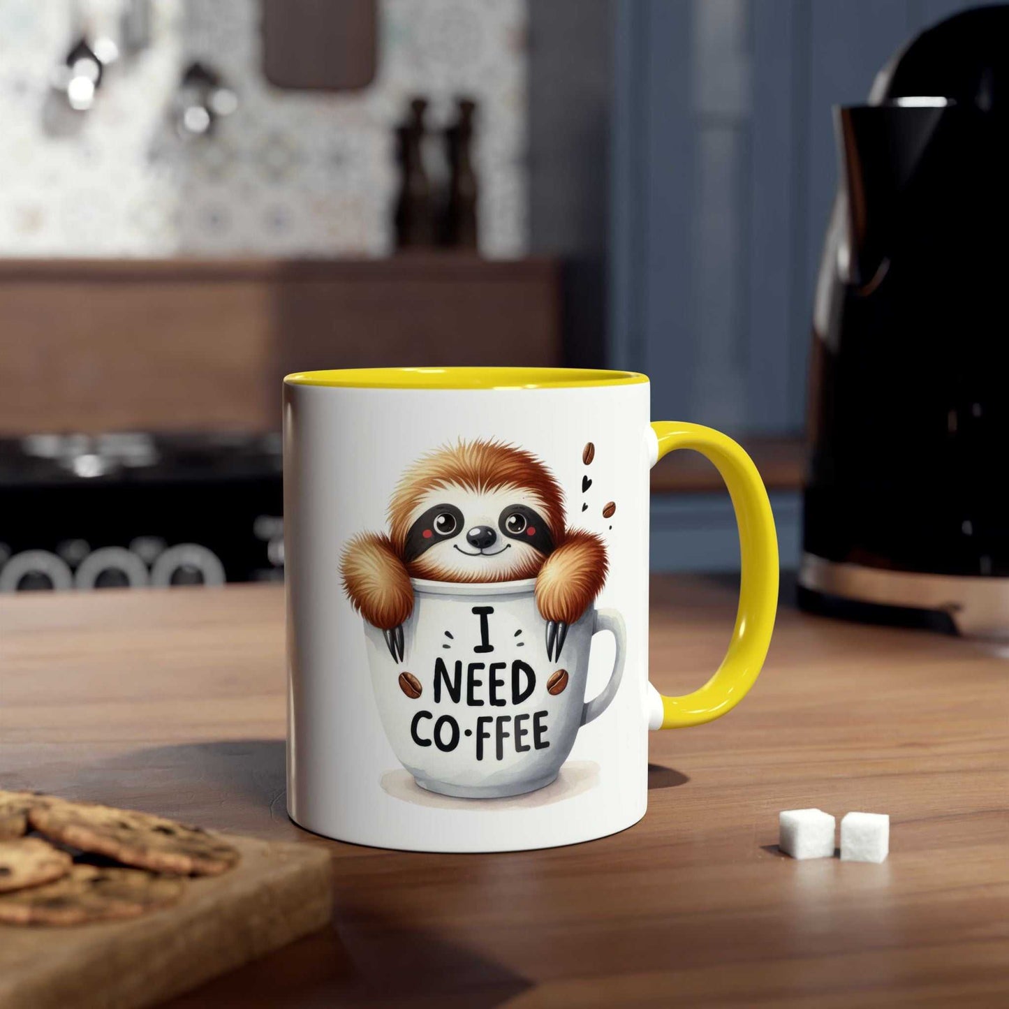 Cute sloth coffee mug with whimsical design in cozy kitchen setting.