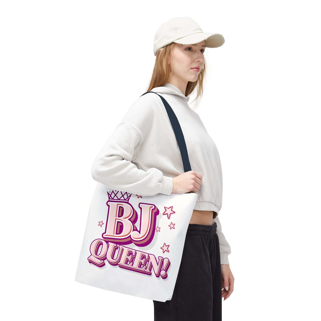 BJ Queen Tote Bag with cheeky print, multiple sizes, durable spun polyester, and colorful handles