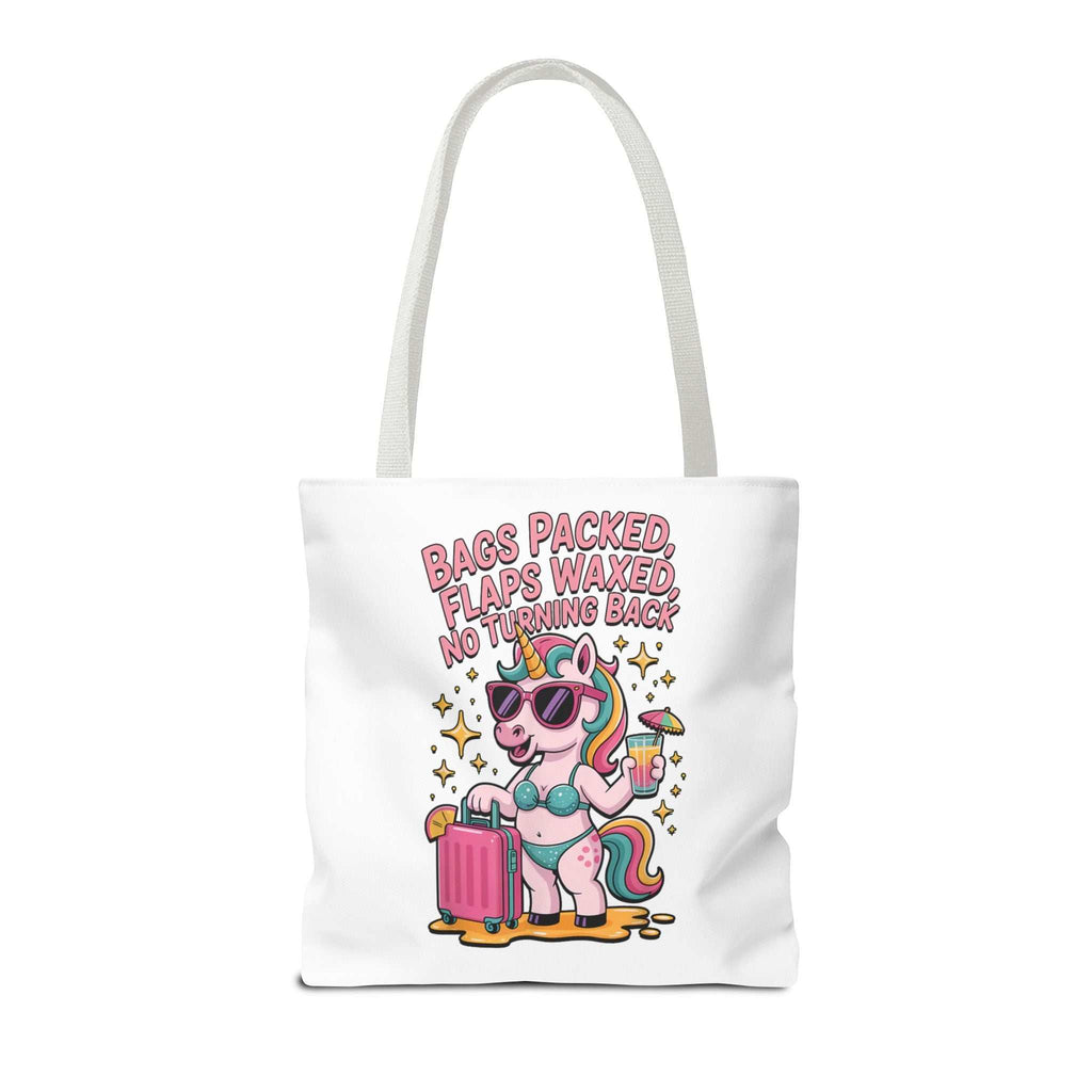 Colorful fun unicorn travel tote bag with cheeky design and cotton webbing straps