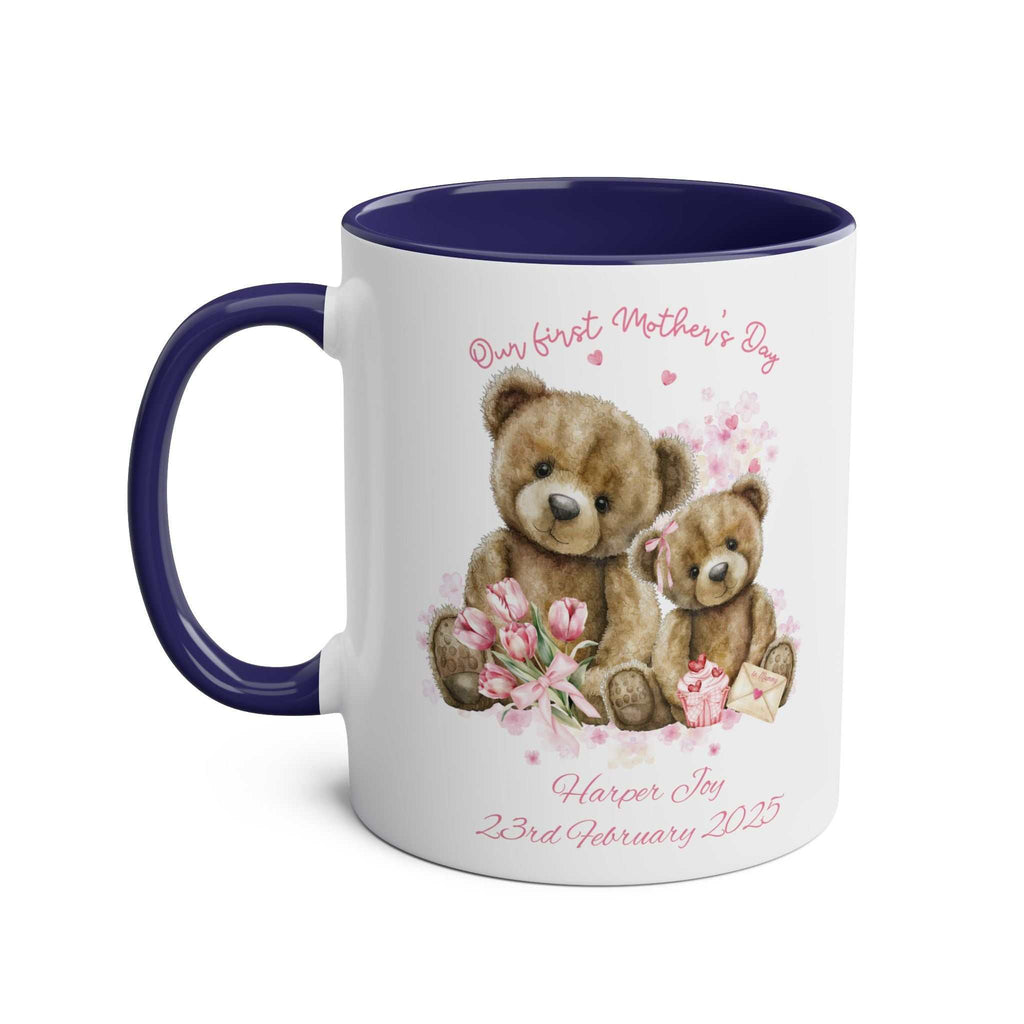 Personalised Our First Mother's Day mug with teddy bear design, baby’s name, and birth date on glossy ceramic cup