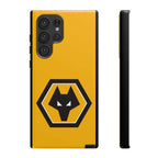 Wolves FC Magnetic Samsung Case in gold and black with shock-absorbing dual layer protection and wireless charging compatibility