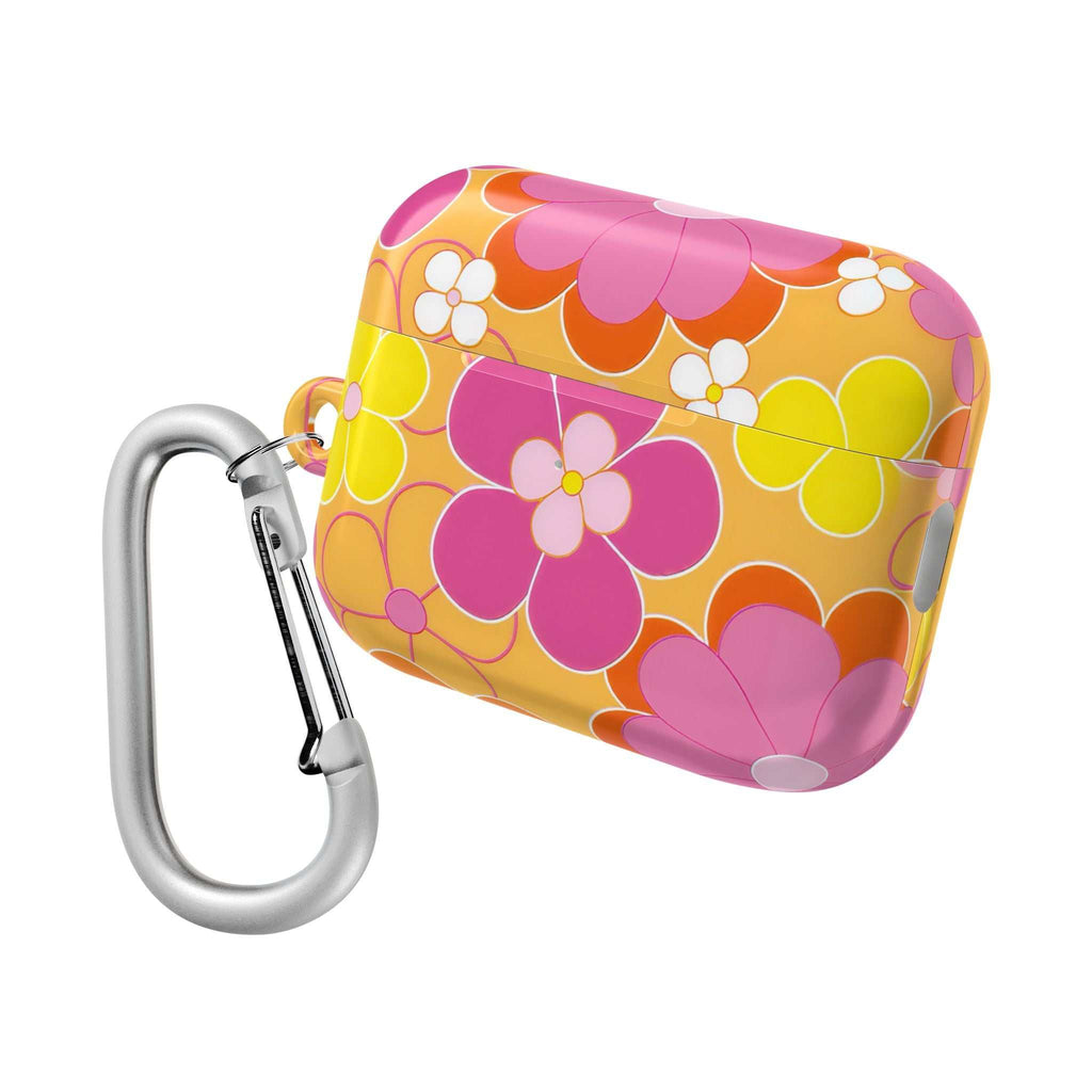 Retro floral AirPods protective case with vibrant pink, orange, and yellow flower design and metal carabiner clip