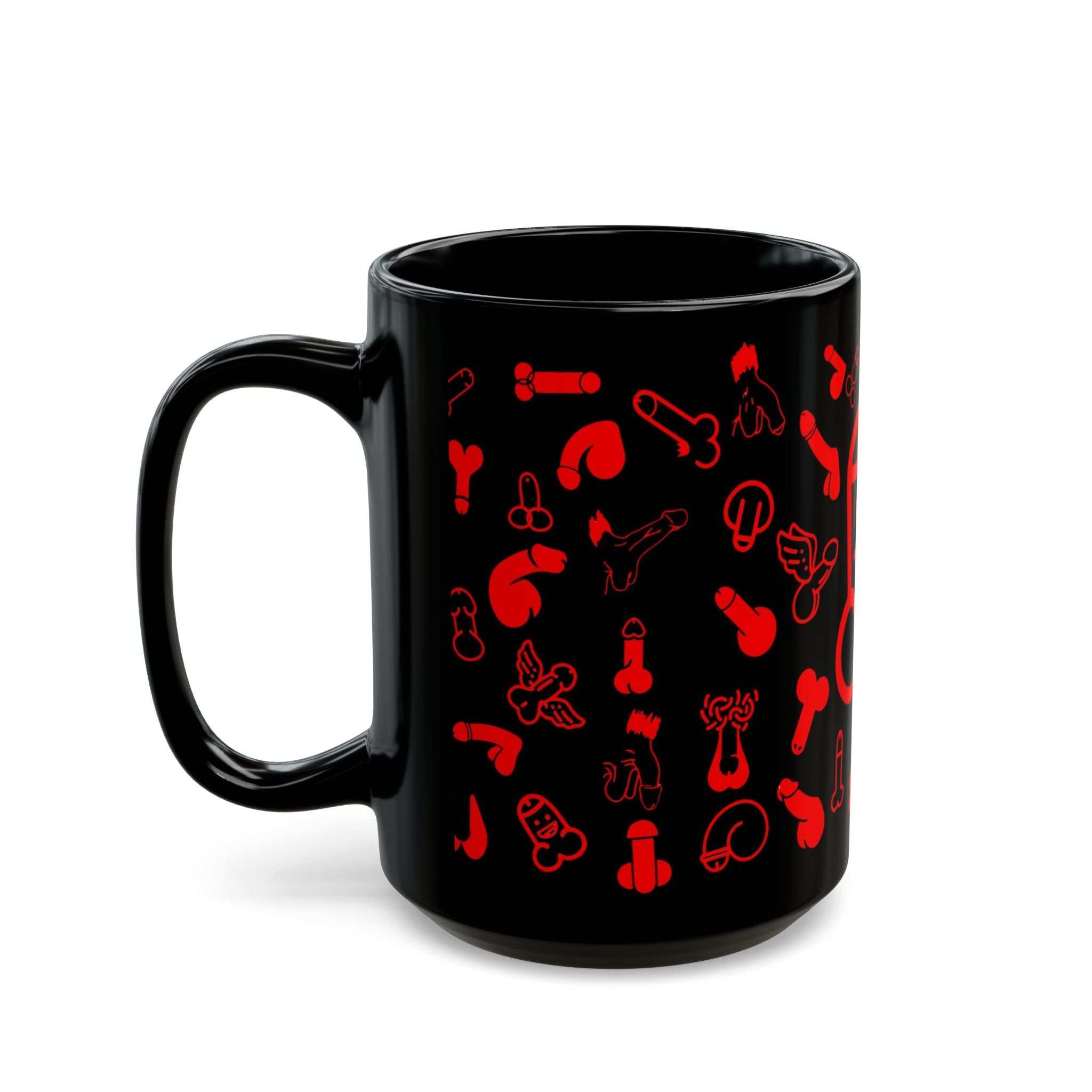Black ceramic mug with cheeky red willie prints, available in 11oz and 15oz sizes, glossy finish, dishwasher and microwave safe.