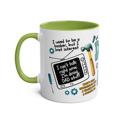 Fathers Day Gift Mug with humorous dad quotes, green interior, 11oz ceramic, dishwasher safe.