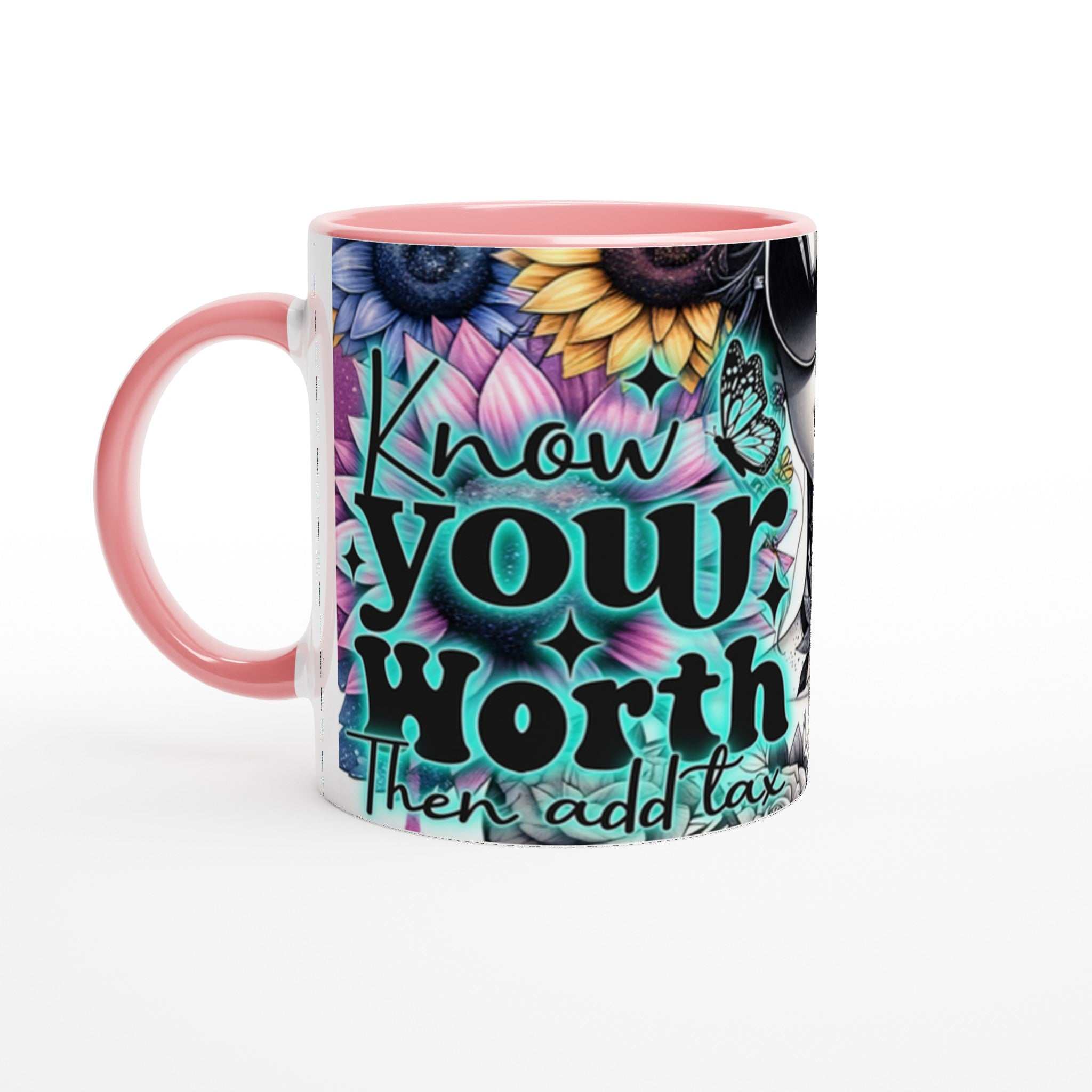 Know Your Worth motivational coffee mug with colorful design and pink handle.