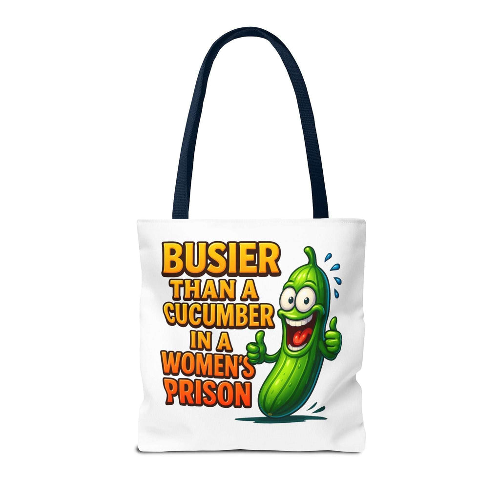 Busier Than a Cucumber Tote Bag with cheeky design, reusable polyester, and colorful handles for daily use