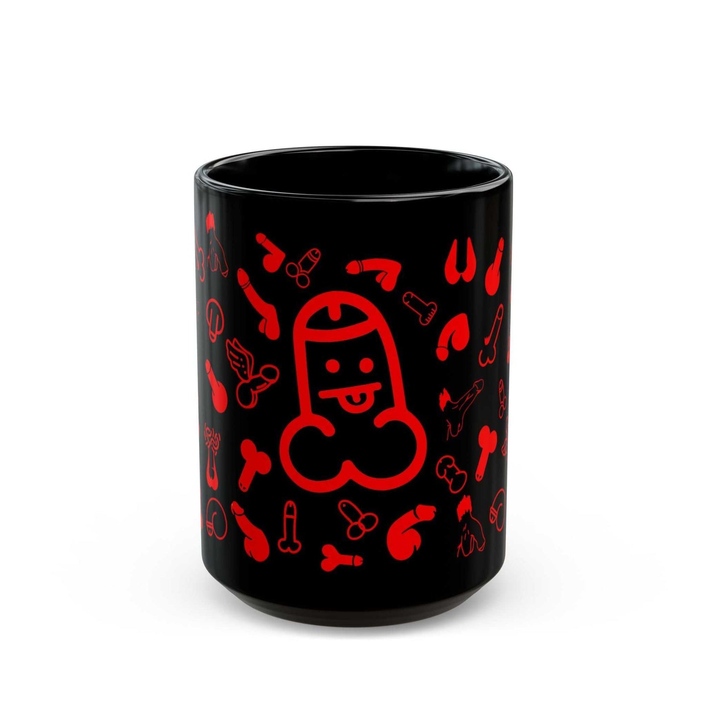 Black ceramic mug with playful red willies print, glossy finish, available in 11oz and 15oz sizes.