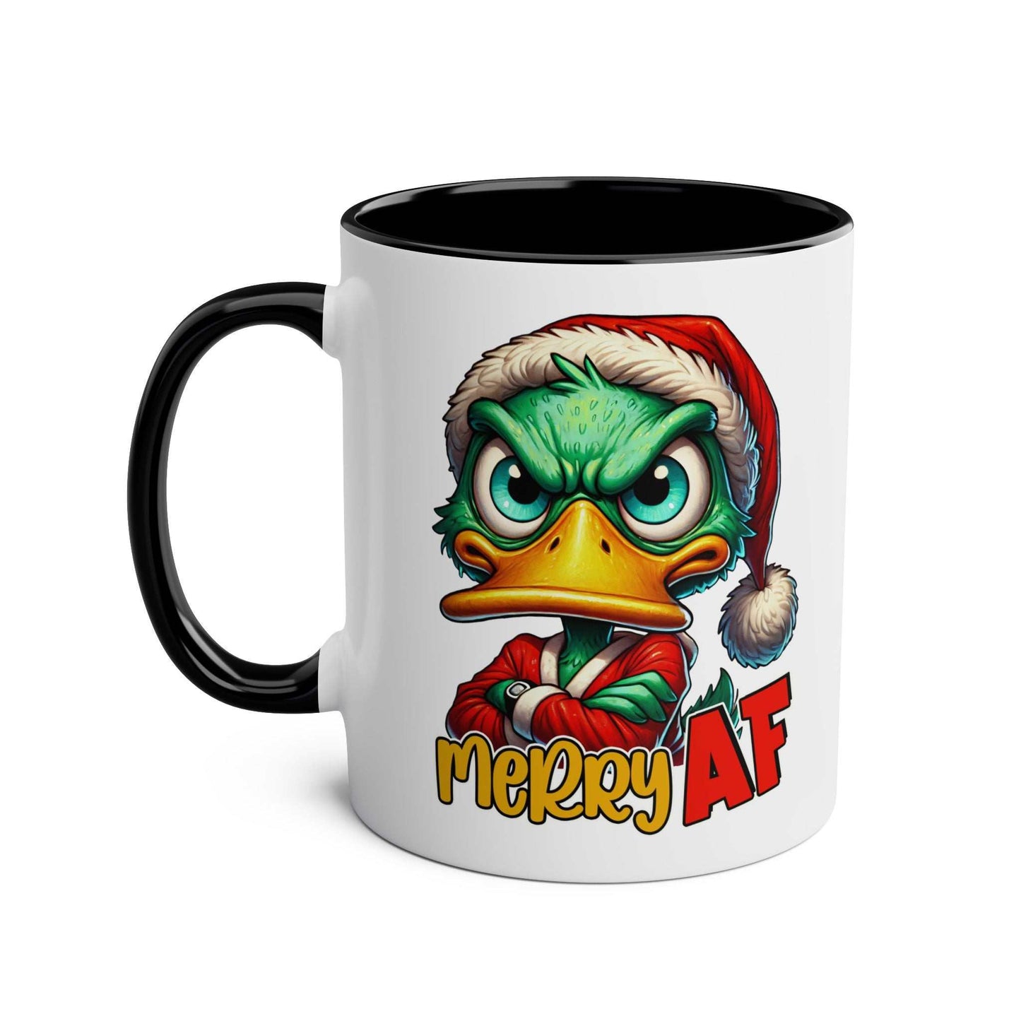 Novelty Christmas mug with sassy duck design wearing Santa hat.