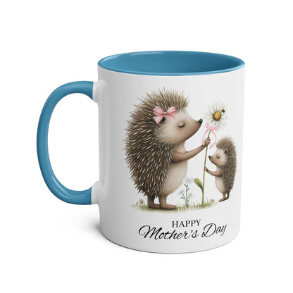 Cute hedgehog Mother's Day gift mug with adorable design, blue handle.