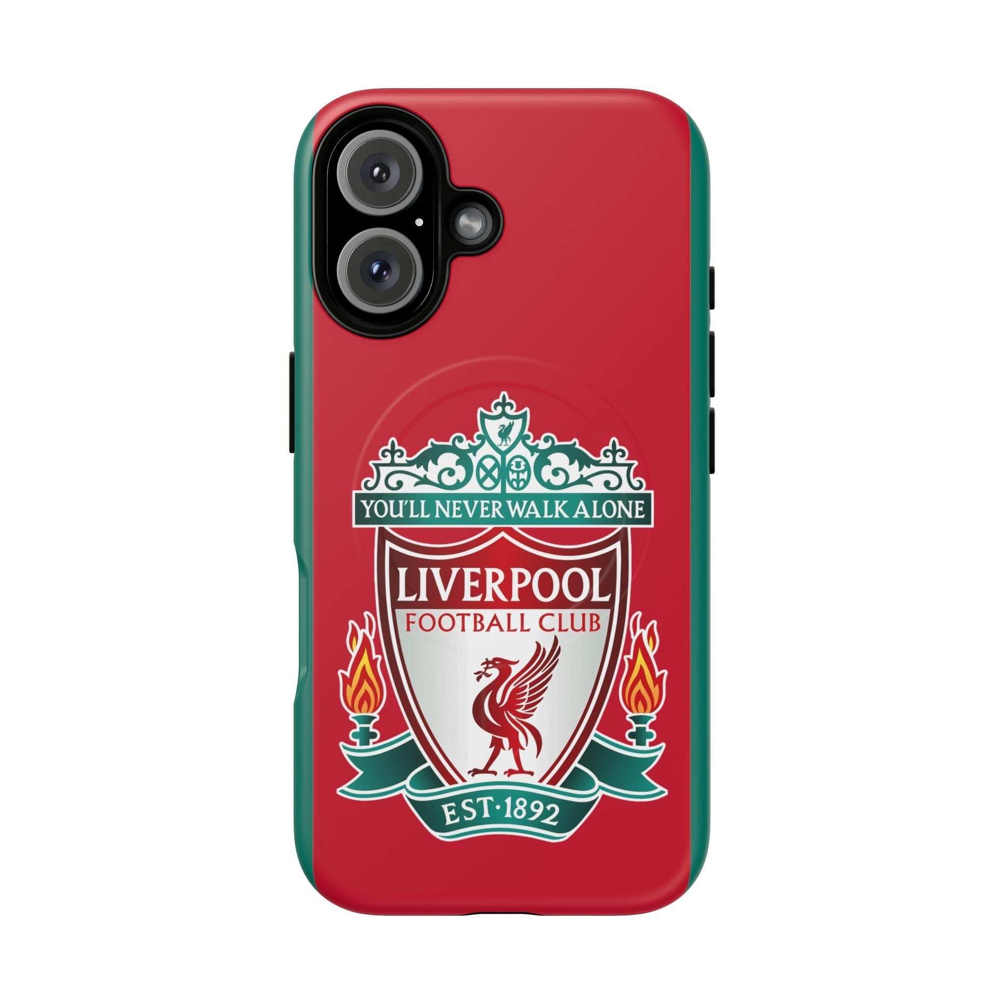 Liverpool FC MagSafe iPhone case with red official-inspired crest, dual-layer protection, and MagSafe compatibility