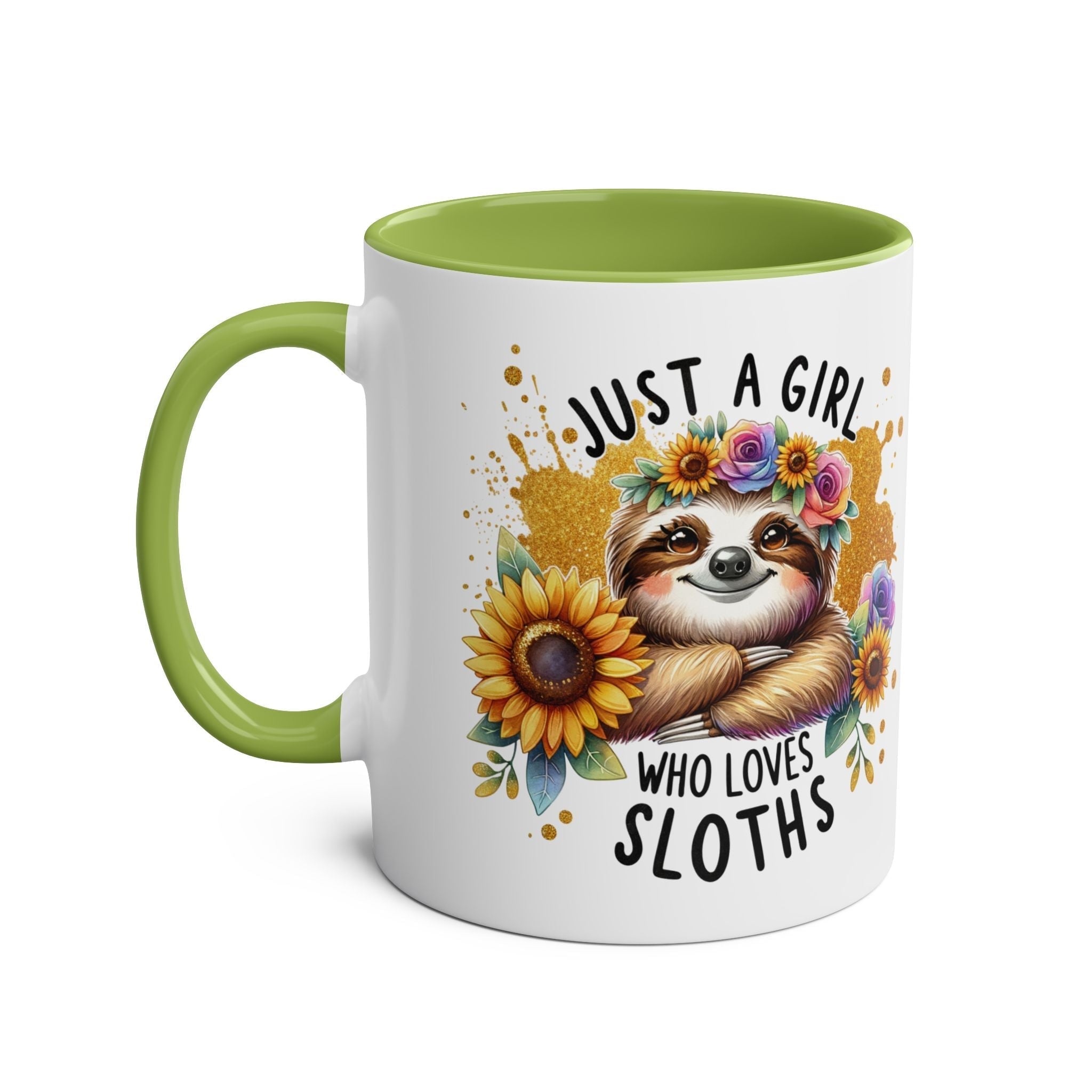 Cute sloth coffee mug with floral design, perfect for animal lovers; available in 7 colors, 11oz ceramic, dishwasher and microwave safe.