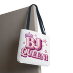 BJ Queen Tote Bag with cheeky design, durable spun polyester, multiple sizes and handle colors, perfect for casual outings and errands