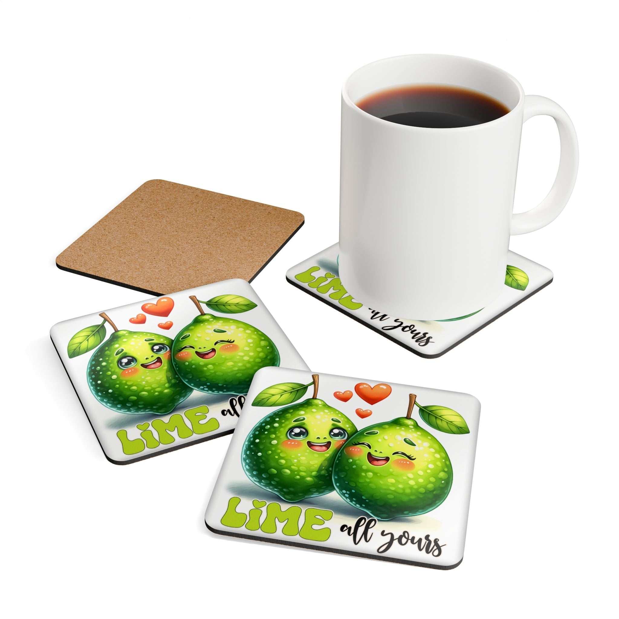 Lime All Yours Coaster Set with vibrant design and cork backing.