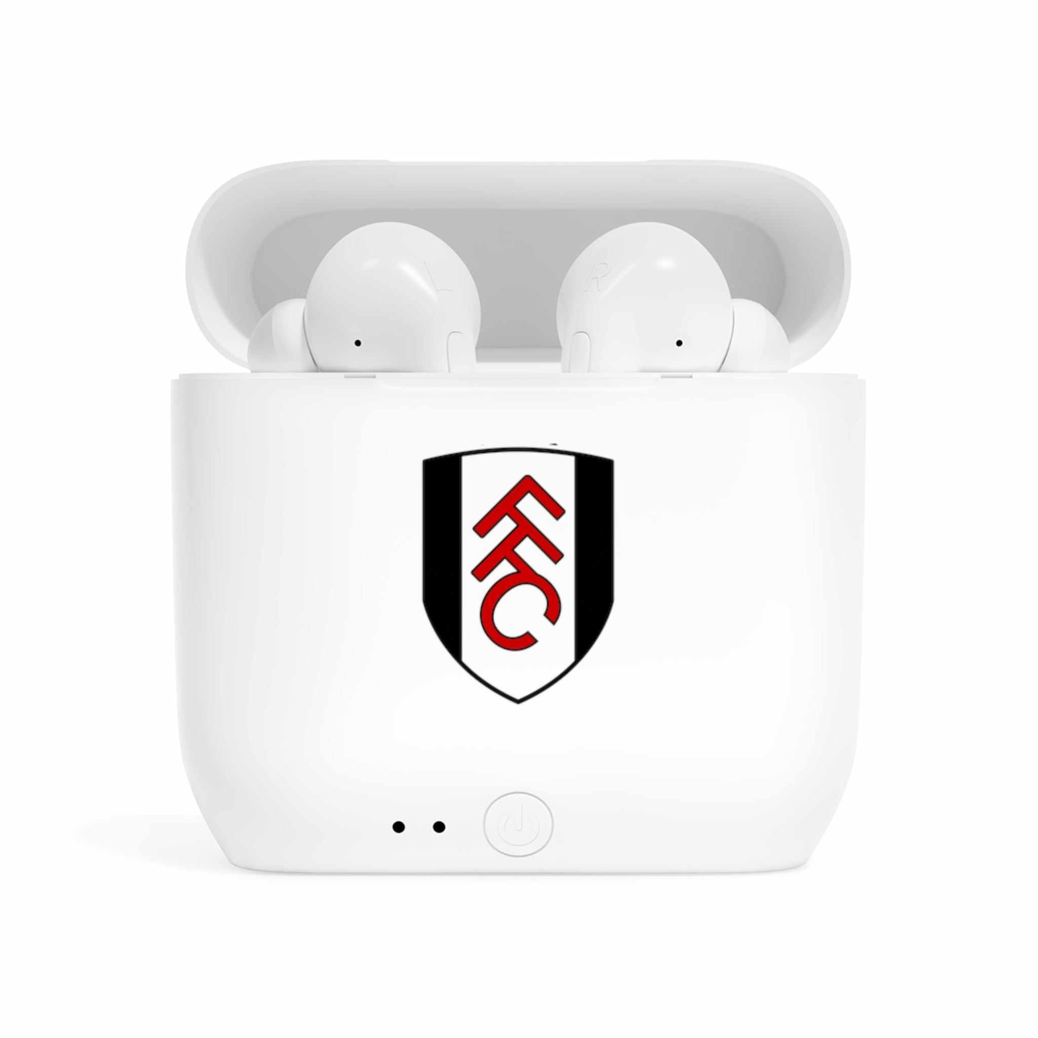 White Fulham Fc Wireless Essos Earbuds with charging case featuring a fan-inspired club crest design