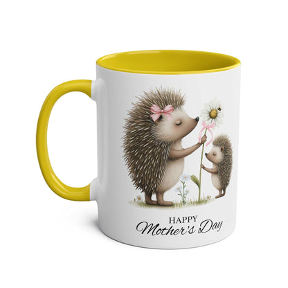 Cute Hedgehog Mother's Day Gift Mug with adorable hedgehog design, yellow interior.