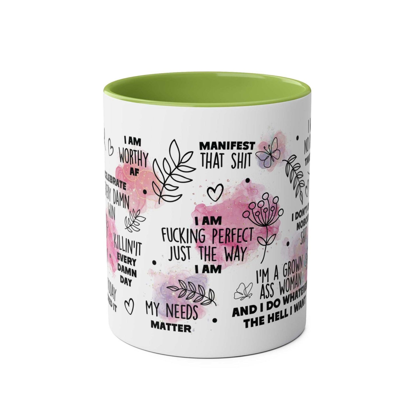 Sweary Quotes Coffee Mug with cheeky sayings and floral design, 11oz ceramic, glossy finish.