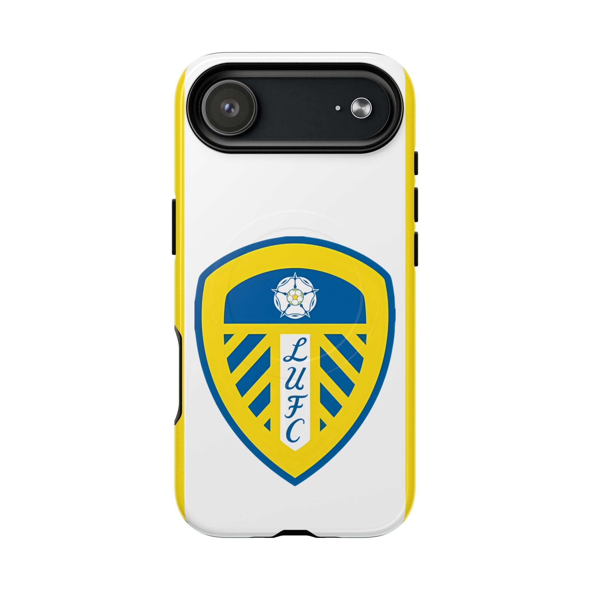 Leeds Utd MagSafe iPhone case with club crest, white and yellow design, dual-layer protection, and MagSafe compatibility