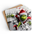 Grinch Hole In The Wall Coaster Set with high-gloss MDF top and cork back, festive holiday drink coasters featuring the grumpy Grinch design.