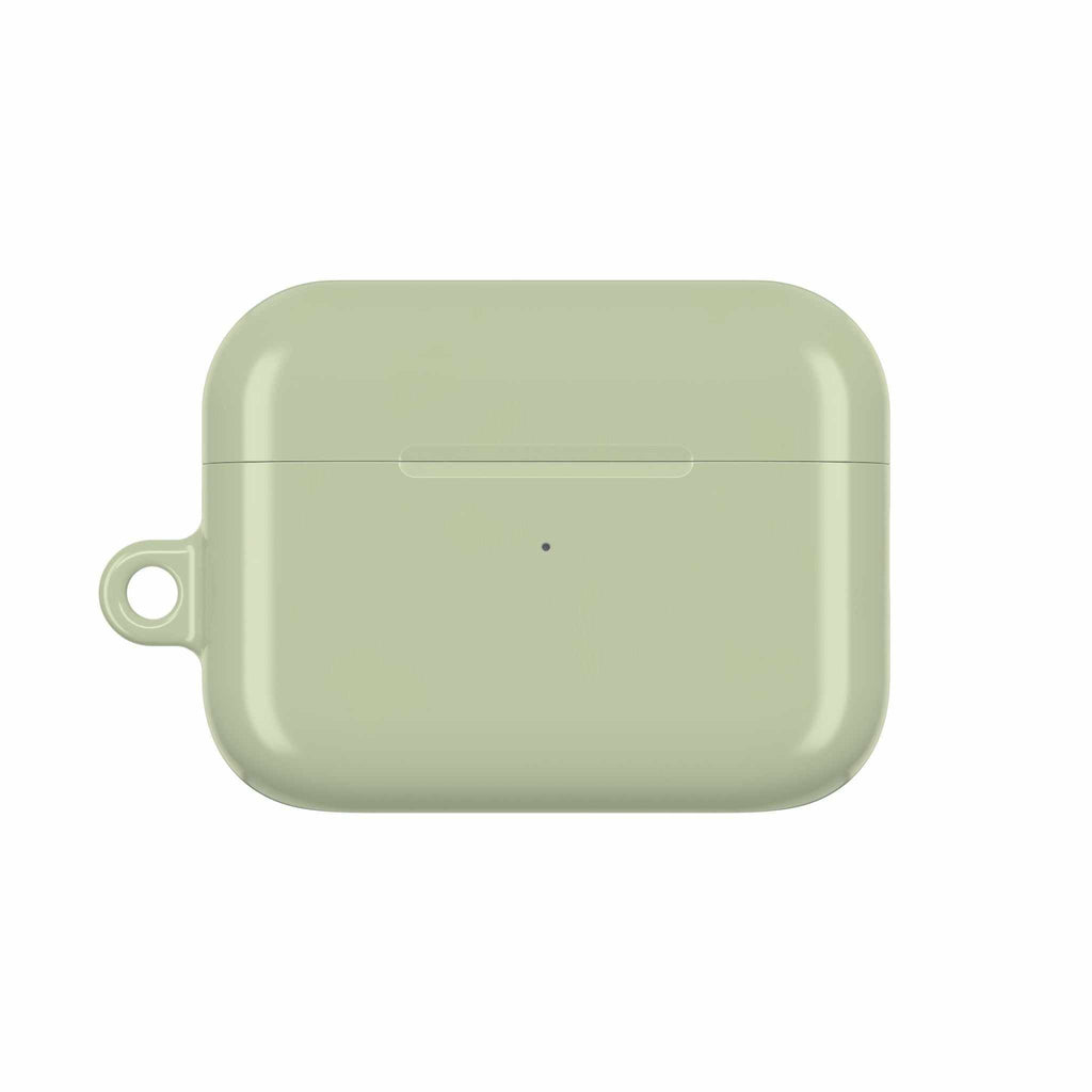 Sage green hard shell AirPods protective case with glossy finish and lightweight design