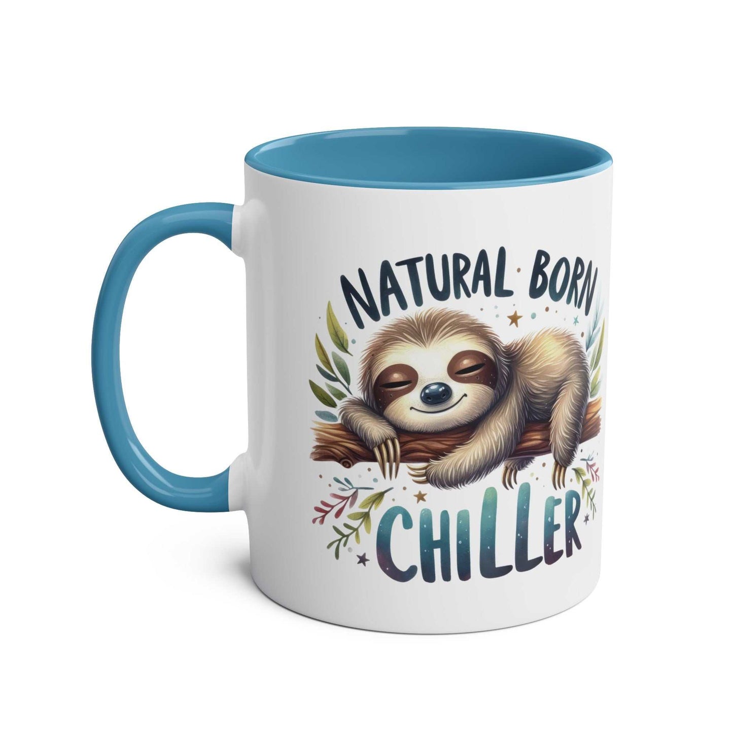 cute sloth coffee mug with text natural born chiller and blue handle