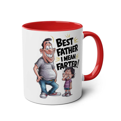 Fun Fathers Day Gift Mug with humorous cartoon illustration and red handle.