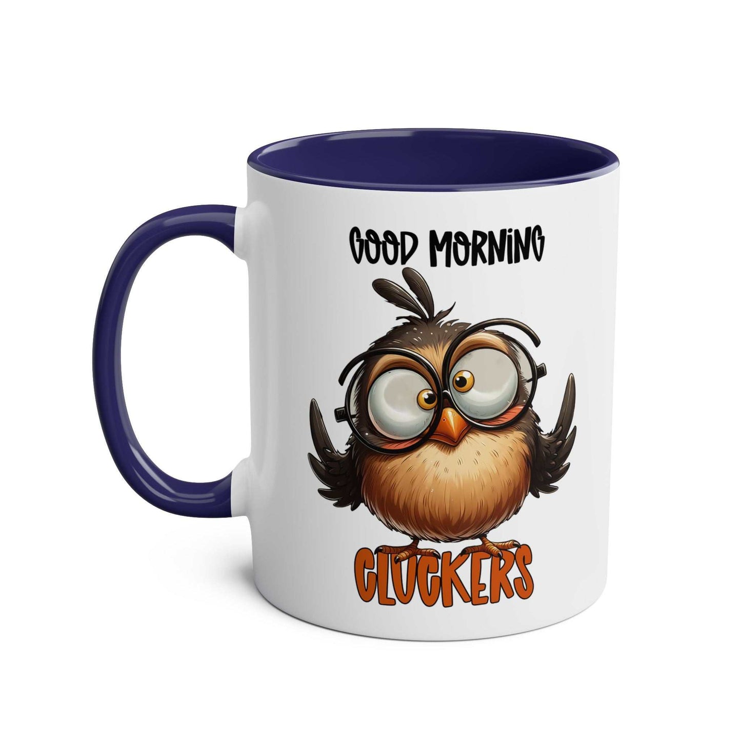 Funny owl design on the Morning Cluckers Coffee Mug with "Good Morning Cluckers" text.