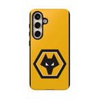Wolves FC magnetic Samsung case with black and gold design, dual-layer protection, and wireless charging compatibility