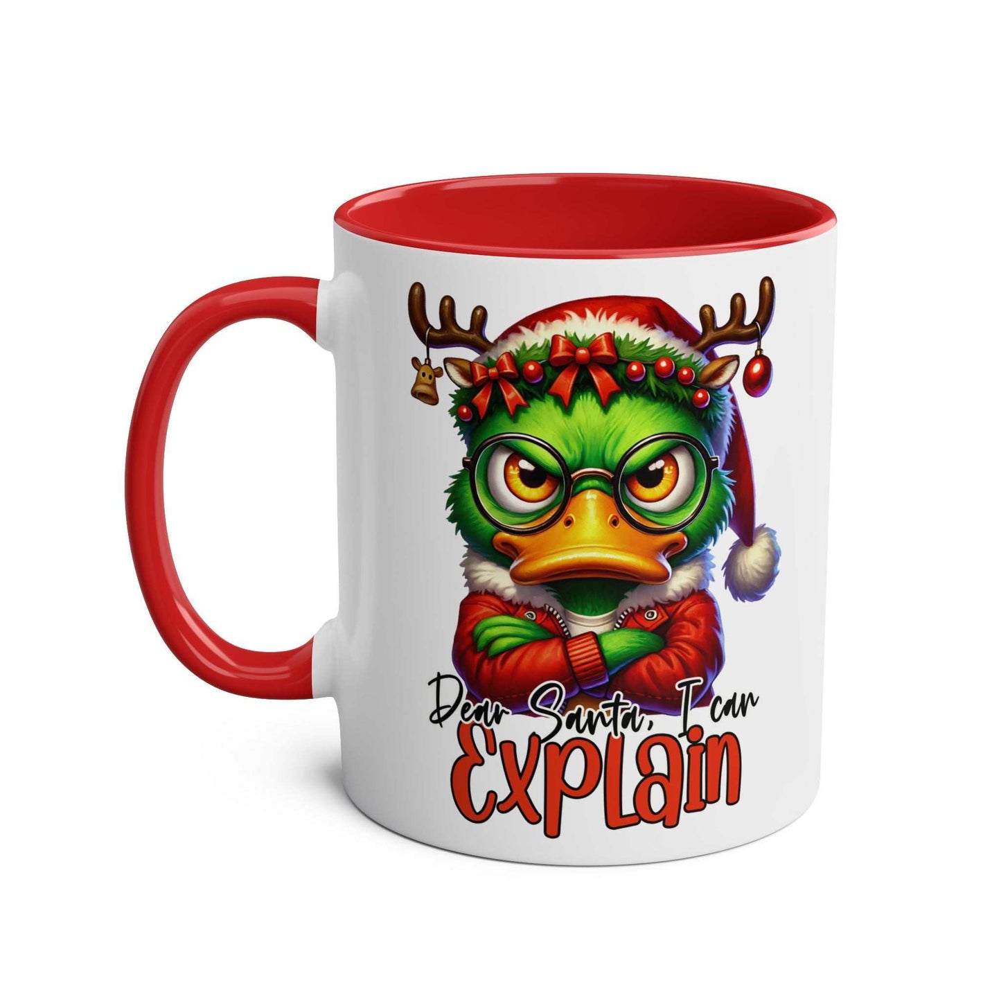 Sarky Christmas Mug with duck design, sassy holiday humor, 11oz ceramic, red handle and interior.