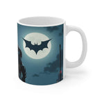 Batman themed coffee mug with Dark Knight logo and city skyline, ceramic 11oz, glossy finish, microwave and dishwasher safe.